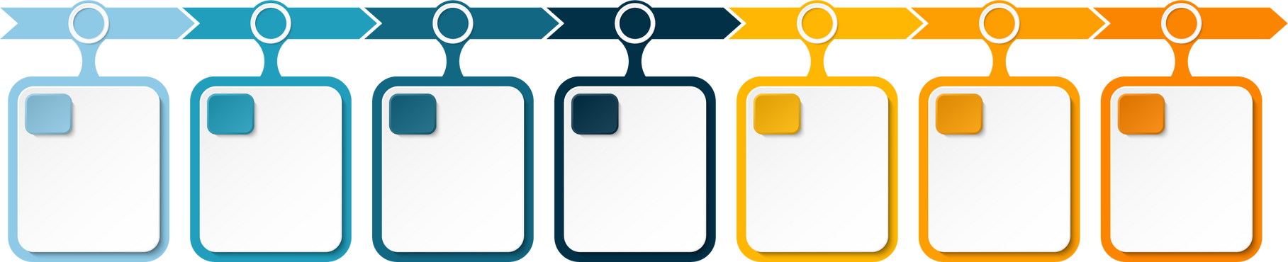 Horizontal timeline or flowchart with seven square elements and space for data. Concept of 7 successive steps of company process.